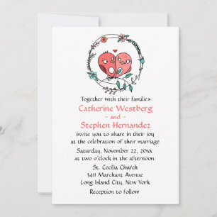 Floral Pink Lovebirds Blue Flowers Wedding Invitation
