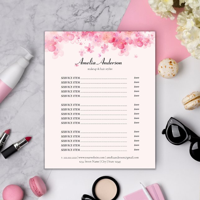 Floral Pink Makeup Hair Stylist Service Price List (Creator Uploaded)
