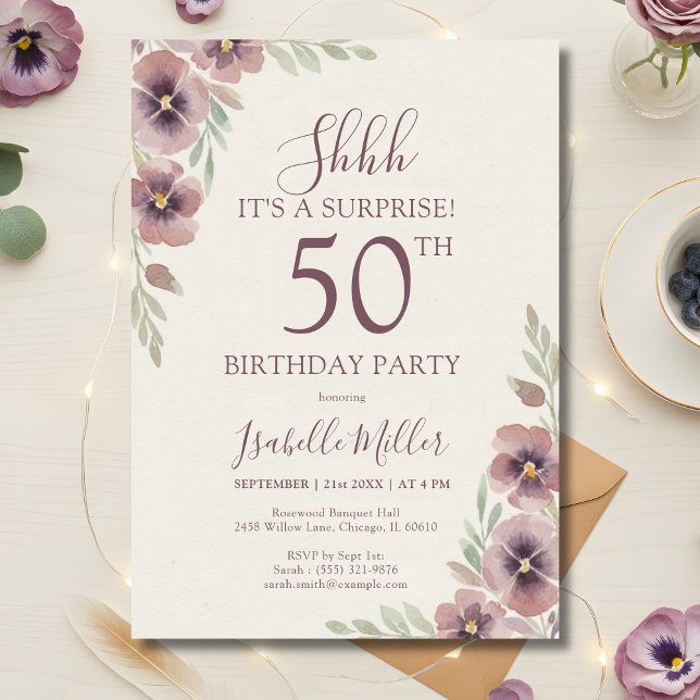 Floral Pink Mauve Surprise 50th Birthday Invitation (Floral Pink Mauve Surprise 50th Birthday Invitation)