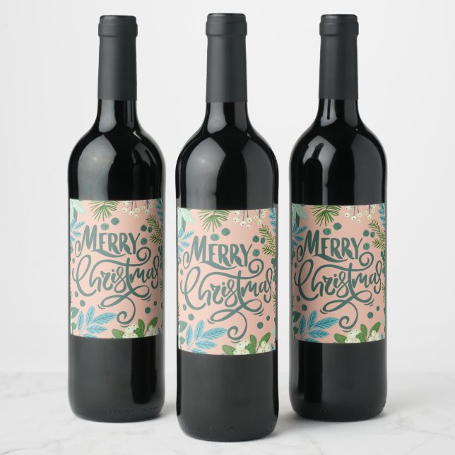Floral pink merry Christmas Holiday  Wine Label (Bottles)