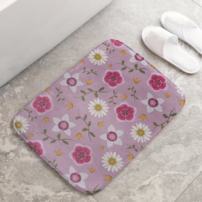 Floral Pink Modern Dianthus & Daisy Hand-Drawn Bath Mat (Creator Uploaded)