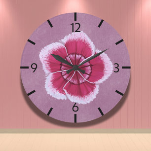 Floral Pink Modern Dianthus Hand-Drawn Large Clock