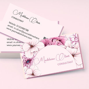 Floral Pink Modern Elegant Feminine QR Code Gold   Business Card