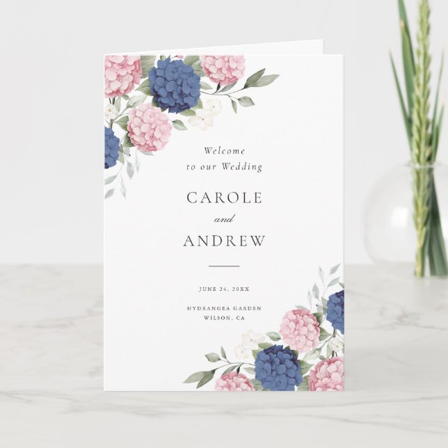 Floral Pink & Navy Blue Hydrangea Folded Wedding Programme (Front)