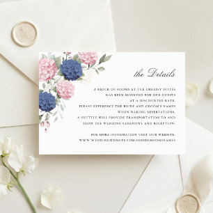 Floral Pink & Navy Blue Hydrangea Wedding Details Invitation