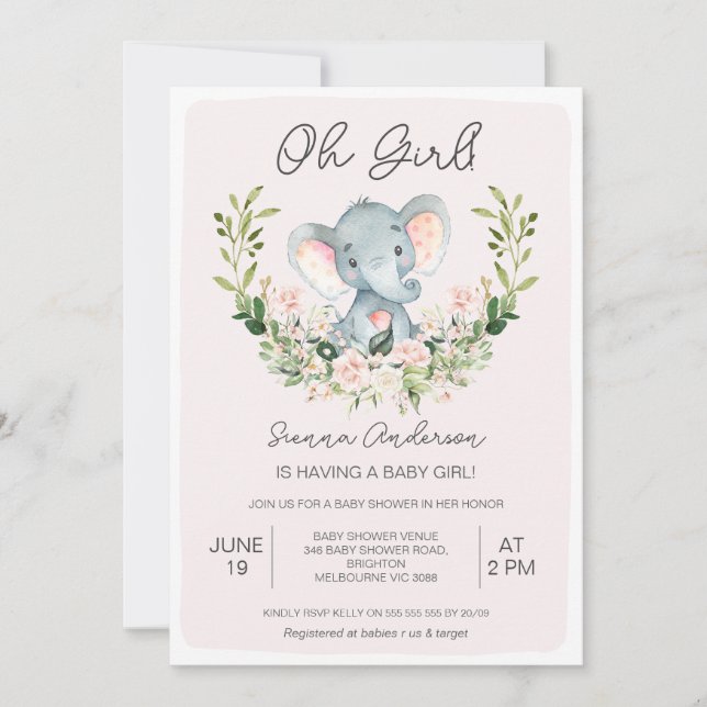 Floral Pink Oh Girls Elephant Baby Shower Invitation (Front)
