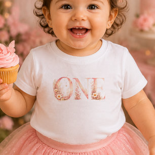 Floral Pink One First Birthday Baby T-Shirt