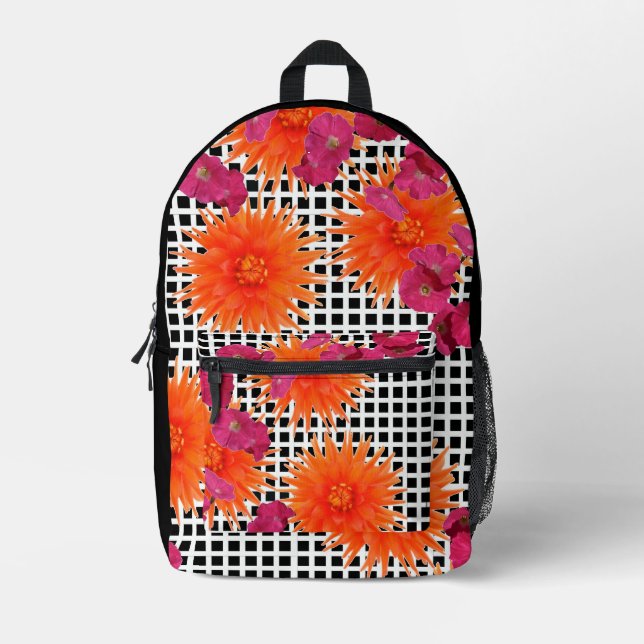 Floral Pink Orange Black White Check Backpack (Front)