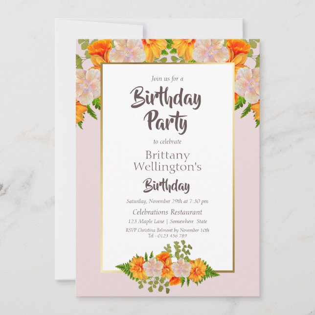 Floral Pink Orange Gold Birthday Party Invitation (Front)