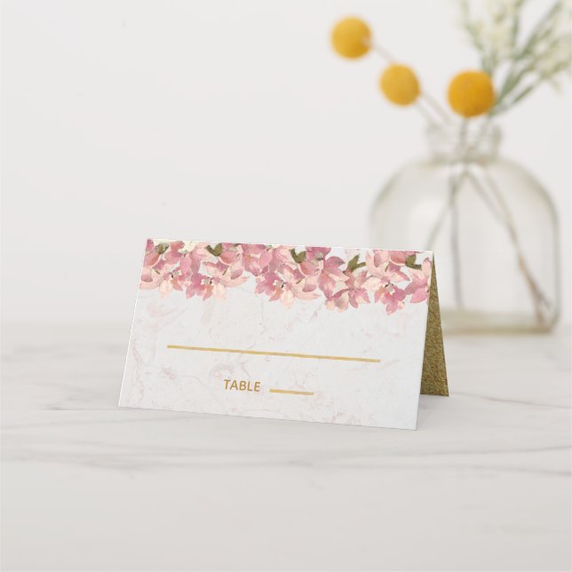 Floral Pink Orchids Gold Marble Elegant Wedding Place Card (Front)