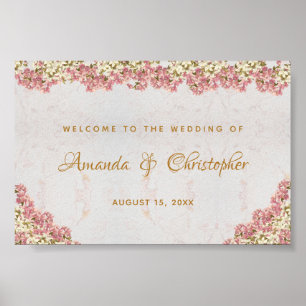 Floral Pink Orchids Marble Wedding Welcome Sign