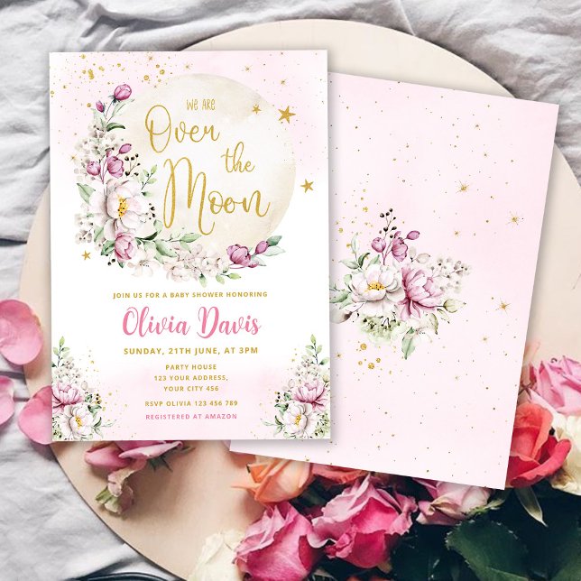 Floral Pink Over The Moon Baby Shower Invitation (Creator Uploaded)