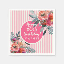 Floral Pink Pastel Stripe 80th Birthday