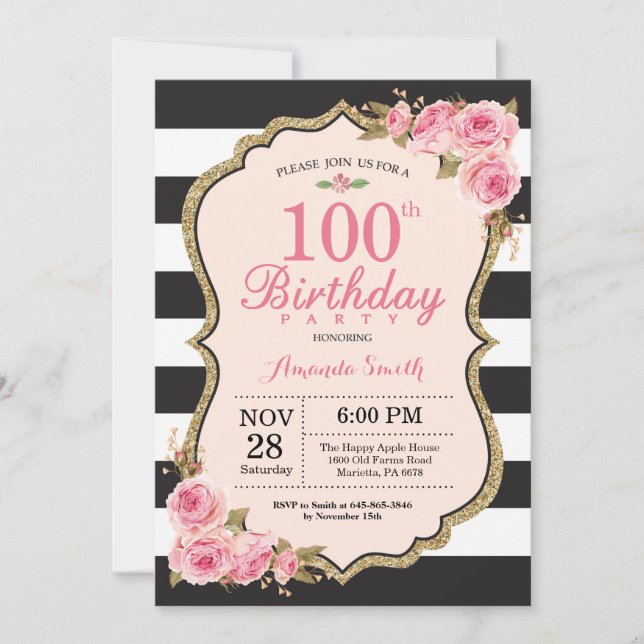 Floral Pink Peonies 100th Birthday Party Invitation (Front)