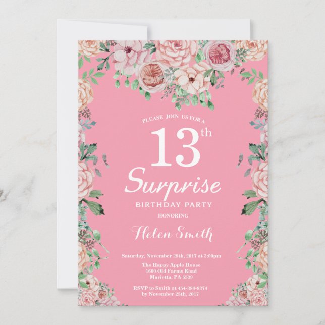 Floral Pink Peonies 13th Surprise Birthday Invitation (Front)