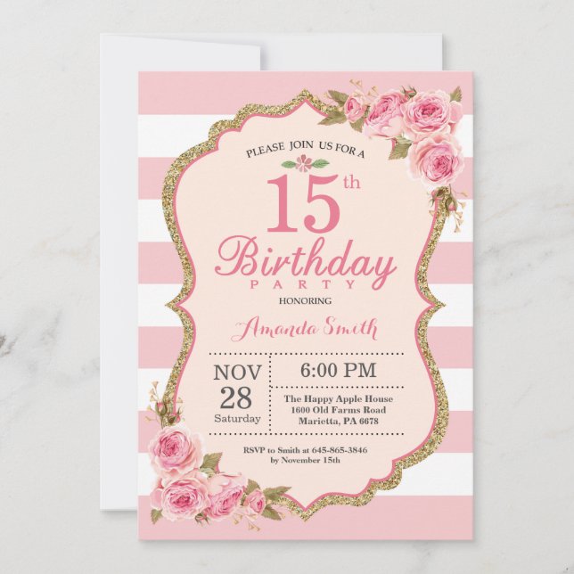Floral Pink Peonies 15th Birthday Party Invitation (Front)