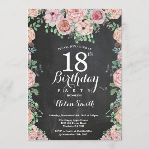 Floral Pink Peonies 18th Birthday Chalkboard Invitation