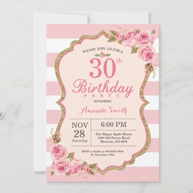 Floral Pink Peonies 30th Birthday Party Invitation (Front)