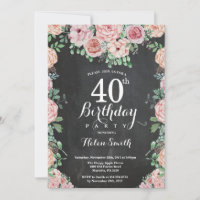 Floral Pink Peonies 40th Birthday Chalkboard