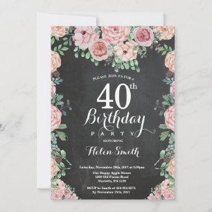 Floral Pink Peonies 40th Birthday Chalkboard Invitation