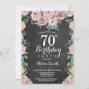 Floral Pink Peonies 70th Birthday Chalkboard Invitation