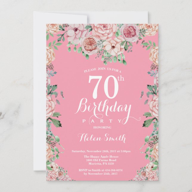 Floral Pink Peonies 70th Birthday Invitation (Front)