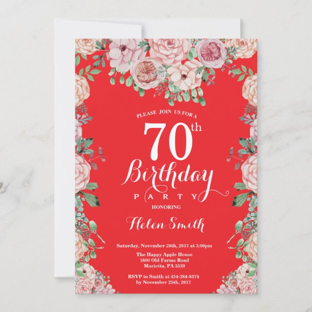 Floral Pink Peonies 70th Birthday Red Invitation (Front)