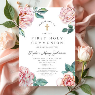 Floral Pink Peonies Girl Religious First Communion Invitation