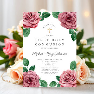 Floral Pink Peonies Girl Religious First Communion Invitation