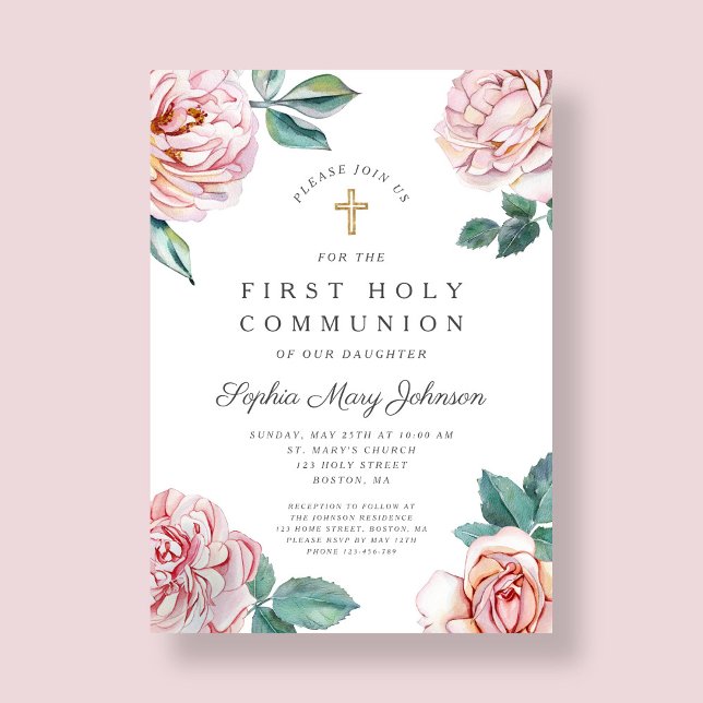 Floral Pink Peonies Girl Religious First Communion Invitation (Floral Pink Peonies Girl Religious First Communion Invitation)