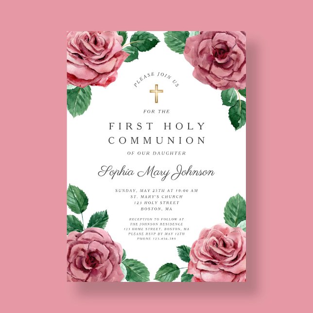 Floral Pink Peonies Girl Religious First Communion Invitation (Floral Pink Peonies Girl Religious First Communion Invitation)