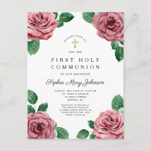 Floral Pink Peonies Girl Religious First Communion Invitation Postcard
