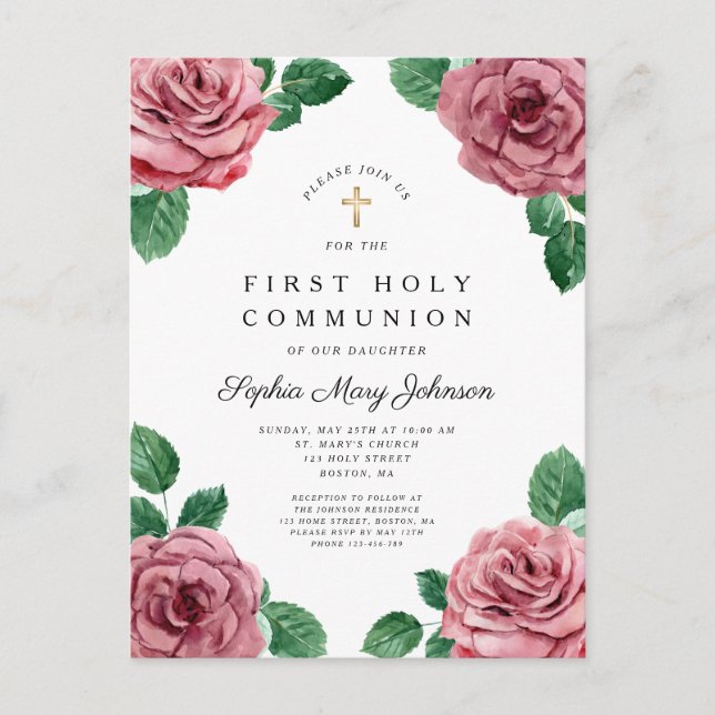 Floral Pink Peonies Girl Religious First Communion Invitation Postcard (Front)