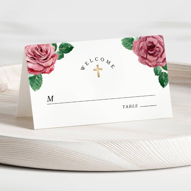 Floral Pink Peonies Girl Religious First Communion Place Card (Floral Pink Peonies Girl Religious First Communion Place Card)