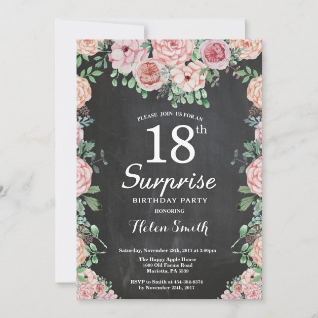 Floral Pink Peonies Surprise 18th Birthday Invitation (Front)