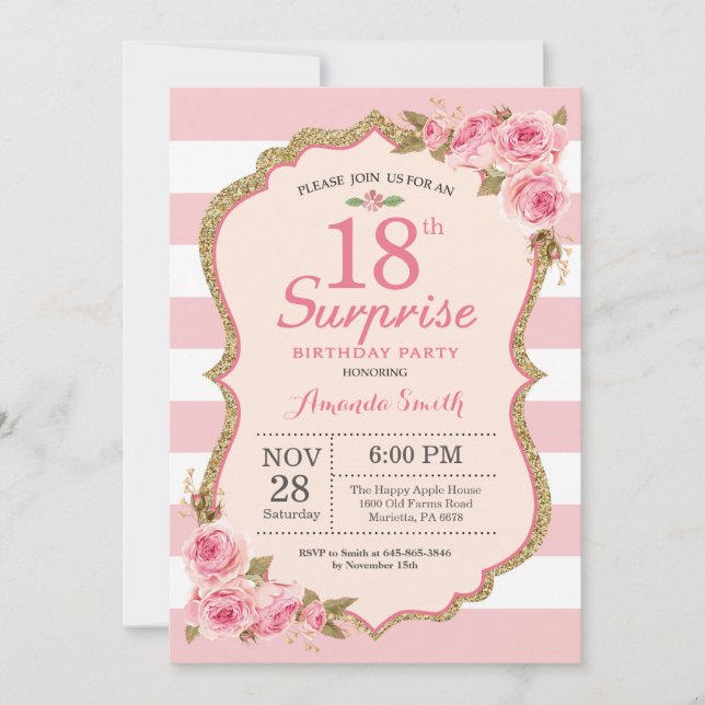 Floral Pink Peonies Surprise 18th Birthday Party Invitation (Front)