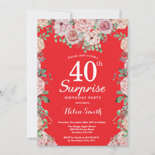 Floral Pink Peonies Surprise 40th Birthday Red Invitation