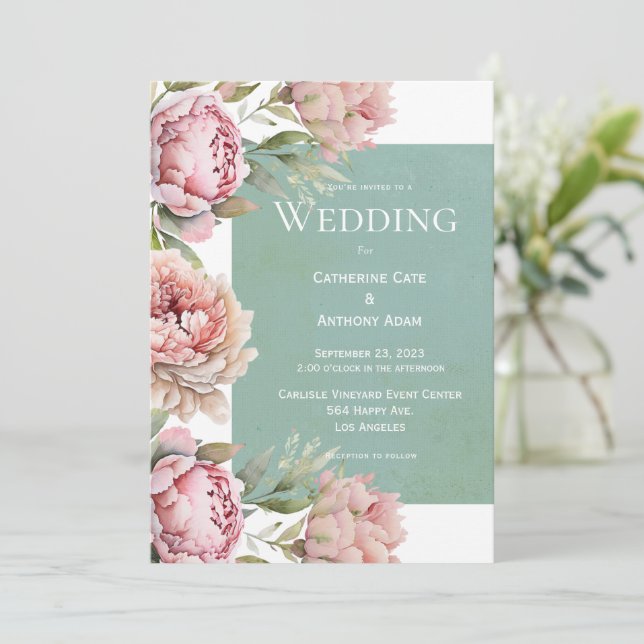 Floral Pink Peonies Watercolor Wedding Invitation (Standing Front)