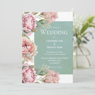 Floral Pink Peonies Watercolor Wedding Invitation