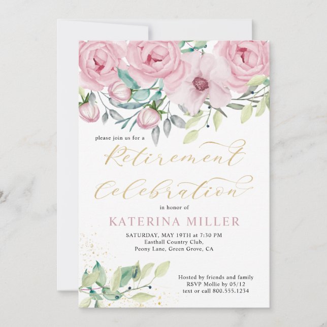 Floral Pink Peony and Gold Calligraphy Retirement Invitation (Front)