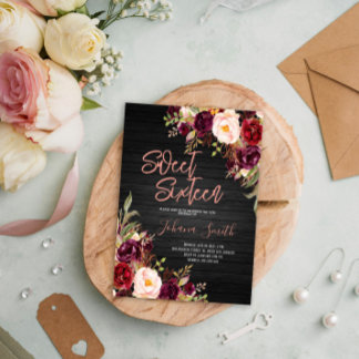 Floral Pink Peony Black Sweet Sixteen Birthday Invitation