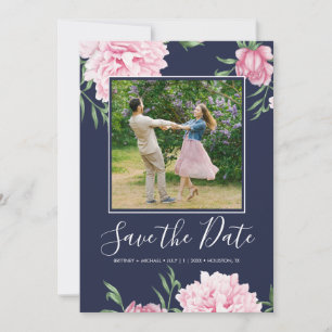 Floral Pink Peony Botanical Navy Elegant Photo Save The Date
