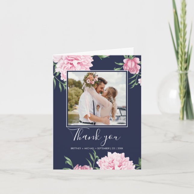 Floral Pink Peony Botanical Photo Elegant Navy Tha Thank You Card (Front)