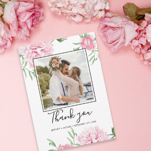 Floral Pink Peony Botanical Photo Elegant Thank You Card