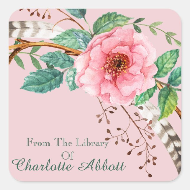 Floral Pink Peony Feather Design Bookplate Square Sticker (Front)