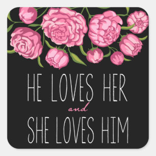 Floral Pink Peony Flower Love Black Wedding Square Sticker