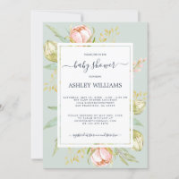 Floral Pink Peony Rustic Boho Blue Baby Shower