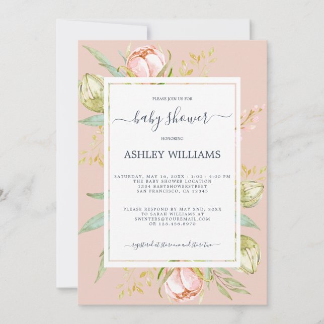 Floral Pink Peony Rustic Boho Pink Baby Shower Invitation (Front)