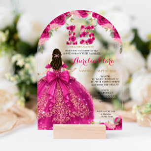 Floral Pink Princess Coquette Quinceanera Arch Acrylic Invitations