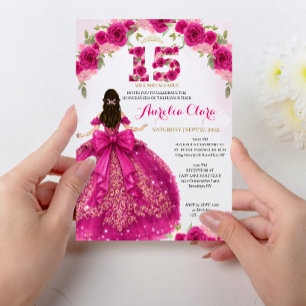 Floral Pink Princess Dress Coquette Quinceanera Invitation